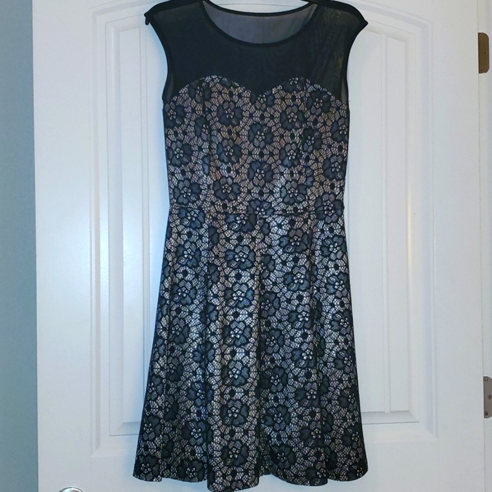 Blue and metallic beige lace dress